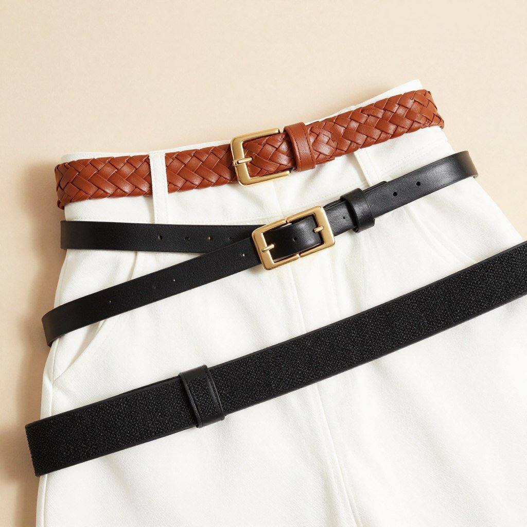 Close-up of a white midi skirt styled with different statement belts including woven leather and black with gold hardware