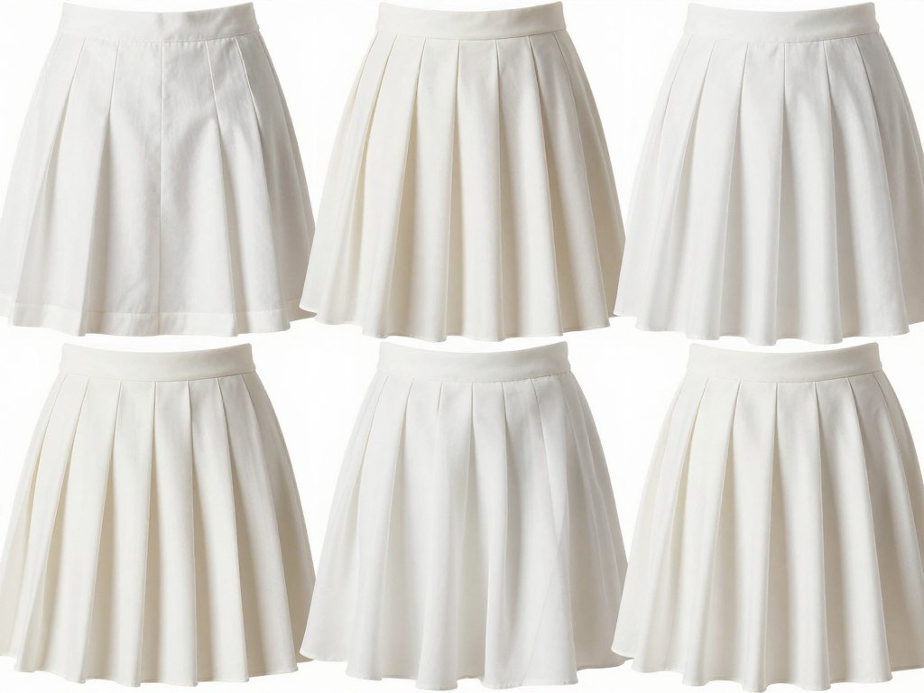 Close-up of a white pleated skirt with different fabric textures and pleating styles