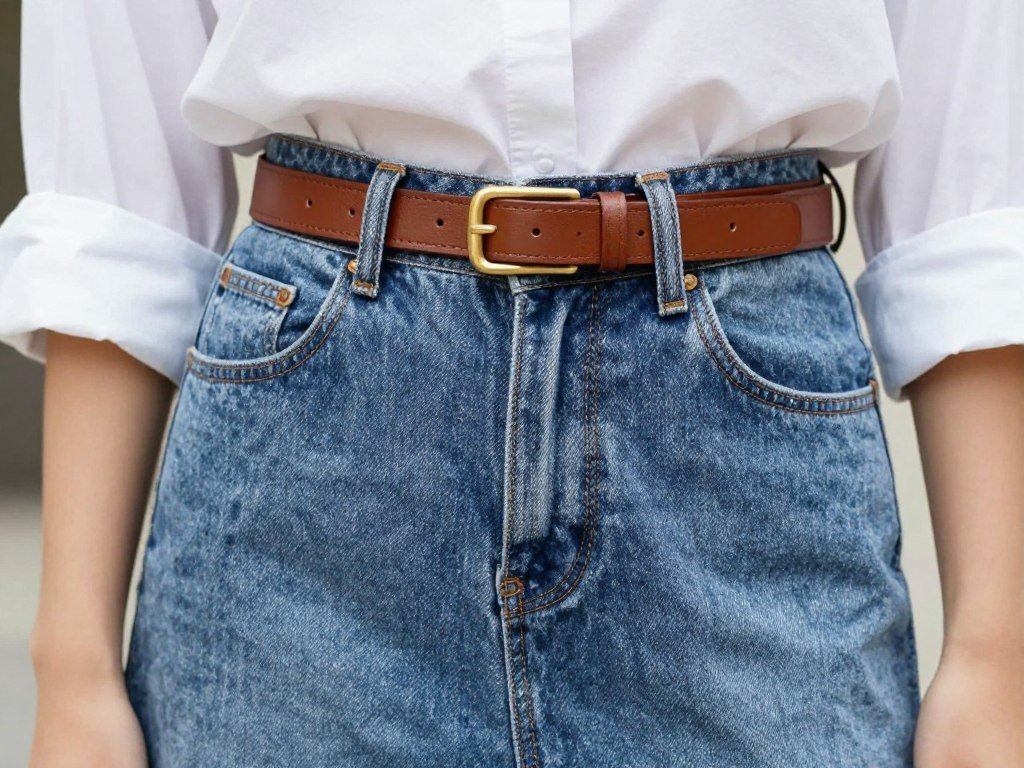 Close-up of a woman wearing a high-waisted denim skirt with a stylish leather belt and tucked-in shirt