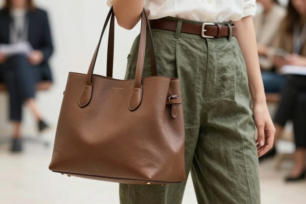 Close-up of a woman wearing olive linen pants with a brown leather belt and matching structured tote bag, demonstrating accessories for a linen pants outfit work look