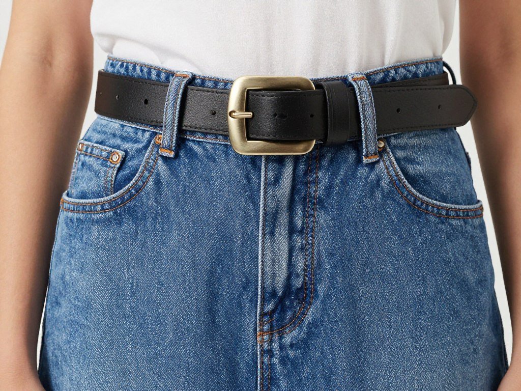 Close-up of a woman's waist showing a statement belt cinching a maxi jean skirt