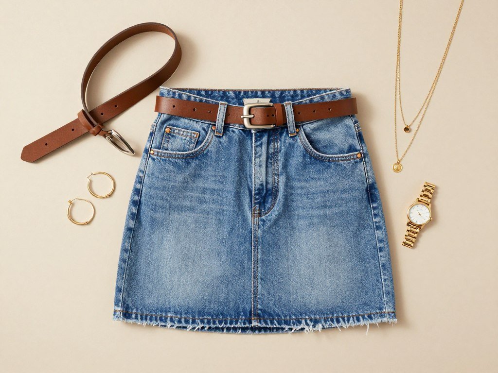 Close-up of accessories paired with denim mini skirt outfit including belts and jewelry