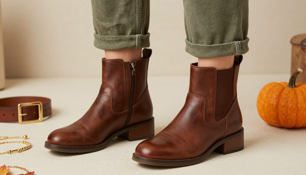 Close-up of ankle boots paired with linen pants and fall accessories