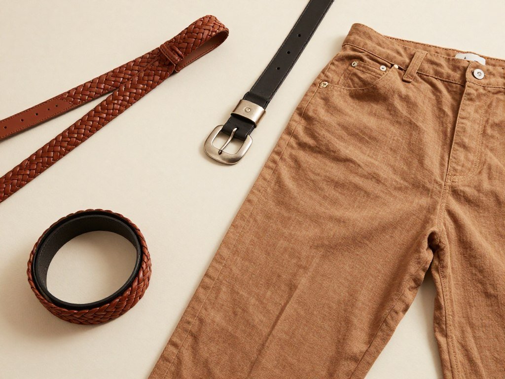 Close-up of brown linen pants styled with different belt options