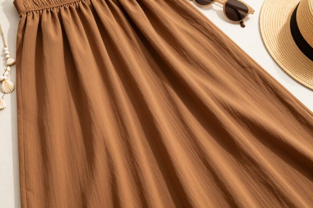 Close-up of brown skirt fabric texture with beach accessories