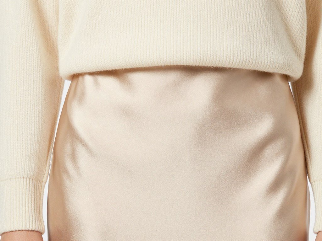 Close-up of contrasting textures showing a ribbed cashmere sweater paired with a smooth satin skirt fabric