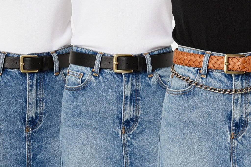 Close-up of different belt styles paired with jean skirts