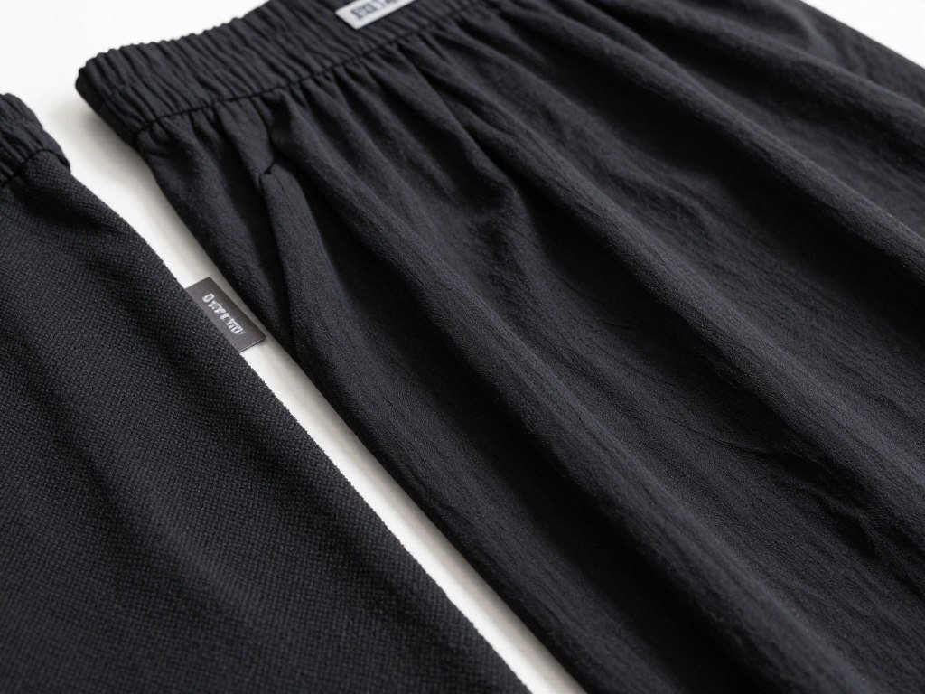 Close-up of different black fabric swatches suitable for summer skirts: cotton, linen, rayon, and chiffon