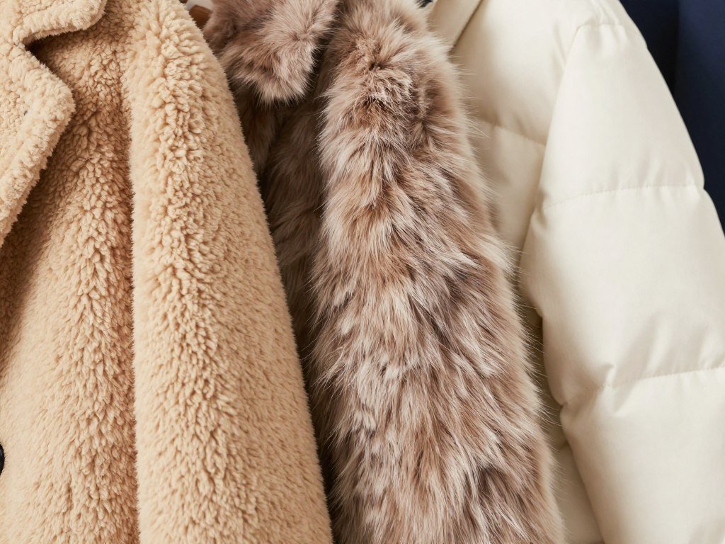 Close-up of different coat textures including teddy bear, faux fur, and quilted materials for winter school outfits
