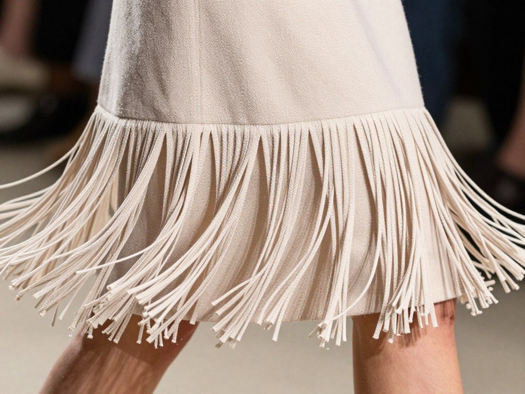 Close-up of fringe details on a spring 2026 outfit