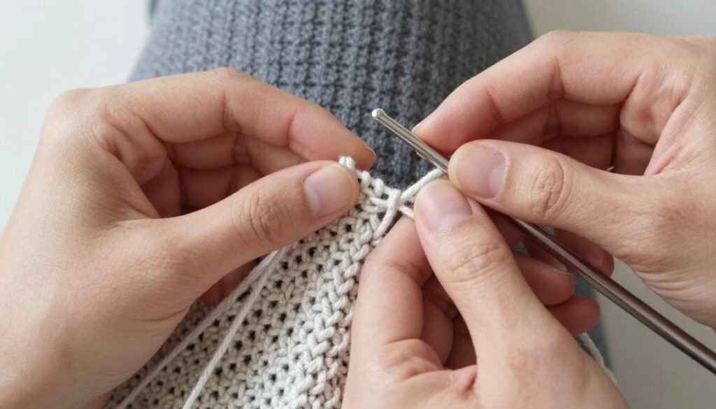 Close-up of hands demonstrating a crochet increase technique for skirt shaping