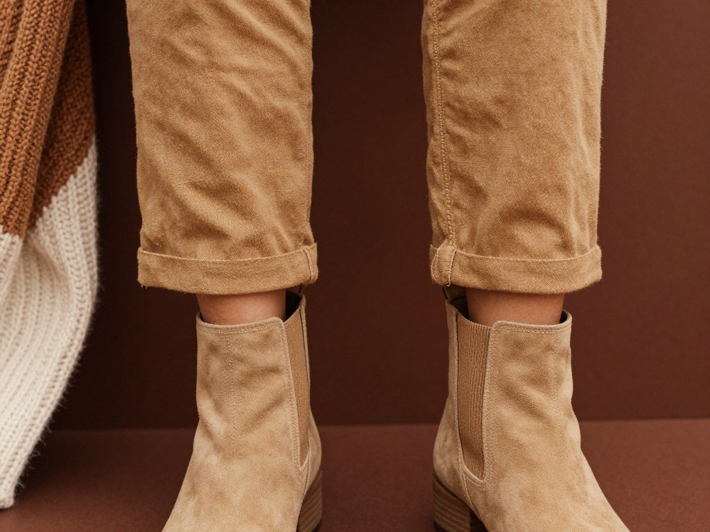 Close-up of linen pants styled with boots and sweater for fall
