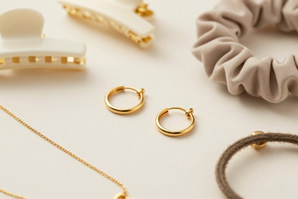 Close-up of minimal gold jewelry and hair accessories that complement summer school outfits