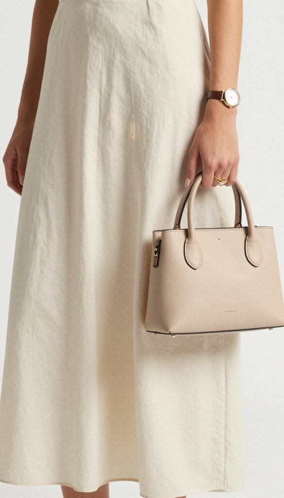 Close-up of minimalist accessories paired with a clean-line maxi skirt outfit including simple jewelry