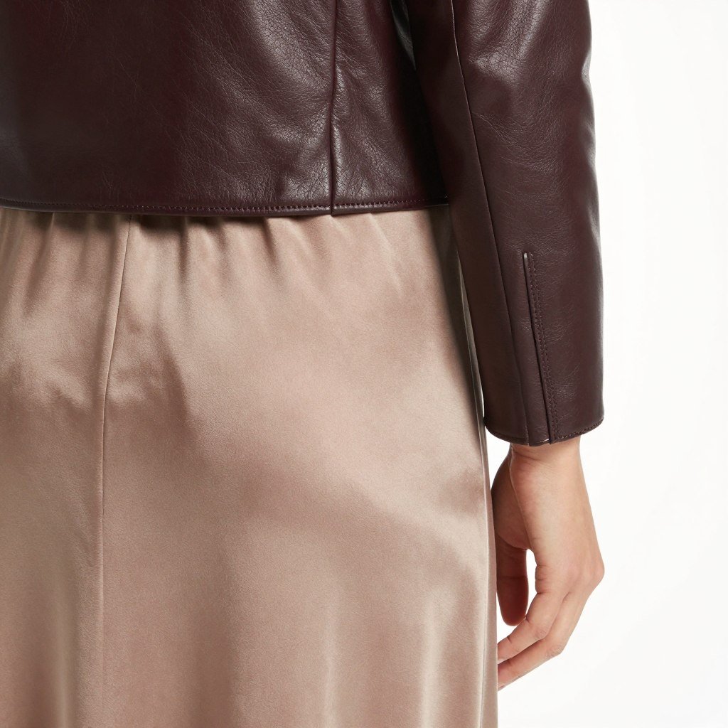 Close-up of quality leather jacket texture contrasting with smooth satin skirt fabric