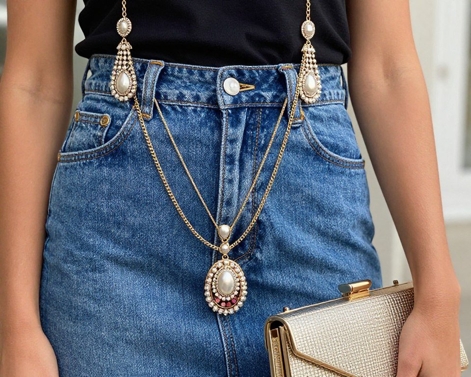 Close-up of statement accessories paired with denim skirt outfit for evening