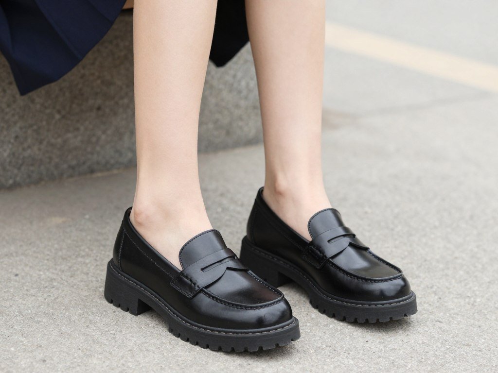 Close-up of student wearing modern loafers with school uniform