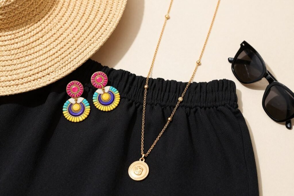 Close-up of summer accessories paired with black skirt outfit