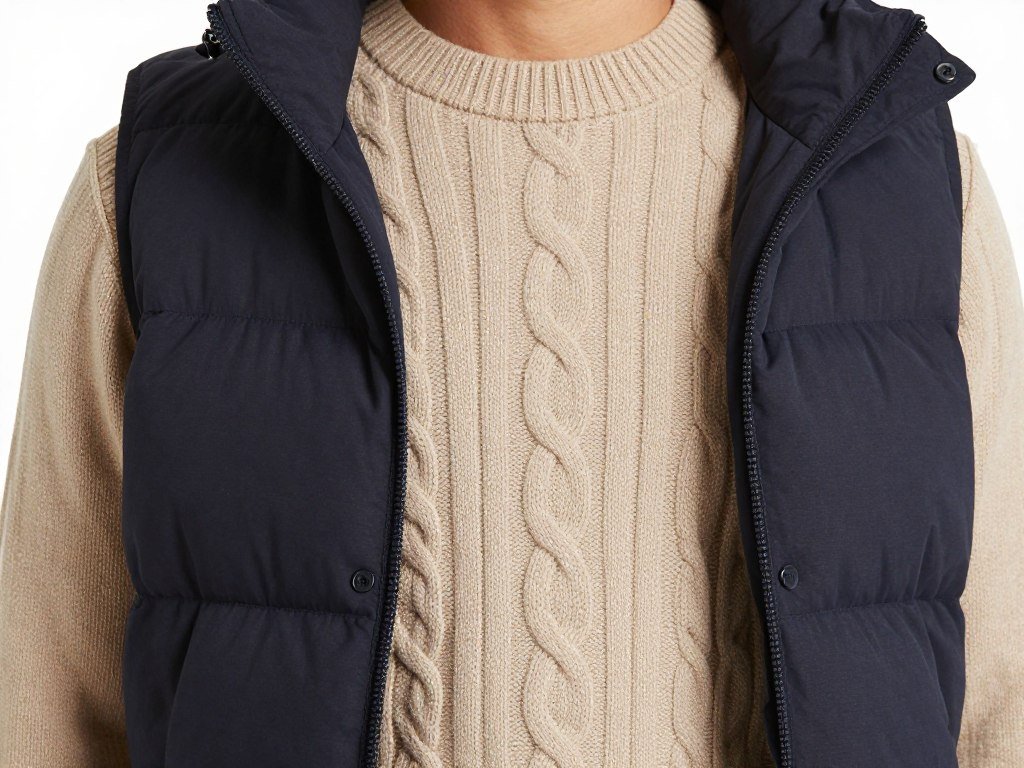 Close-up of thermal base layer, cable-knit sweater, and puffer vest winter school outfit combination