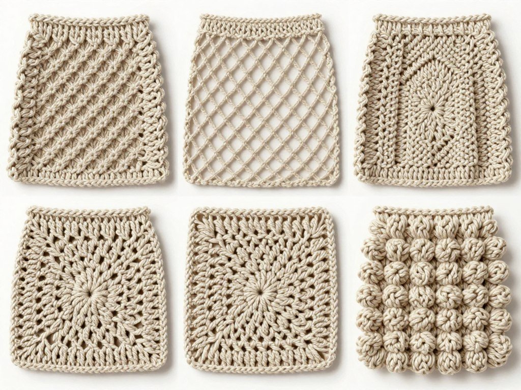 Close-up of various crochet stitch patterns suitable for skirts showing texture differences