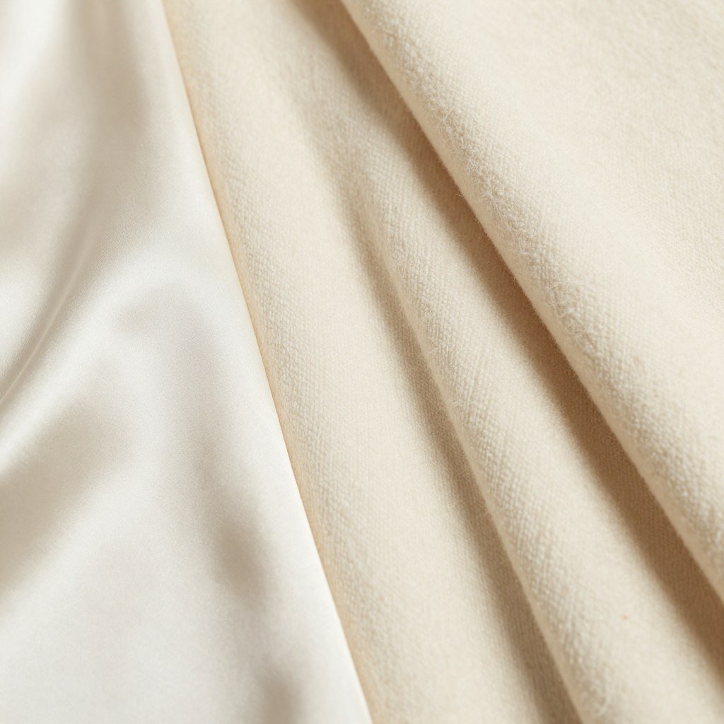 Close-up of various ivory and cream fabric textures showing how different materials in the same color family create visual interest