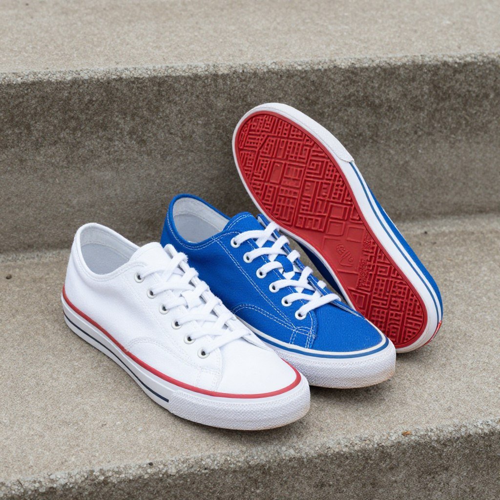 Close-up of white sneakers and team-colored canvas shoes perfect for baseball games