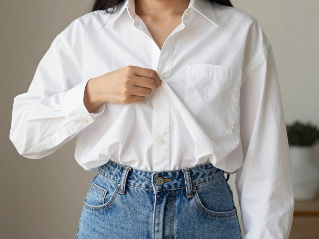 Close-up of woman demonstrating the French tuck technique with an oversized shirt and high-waisted denim skirt