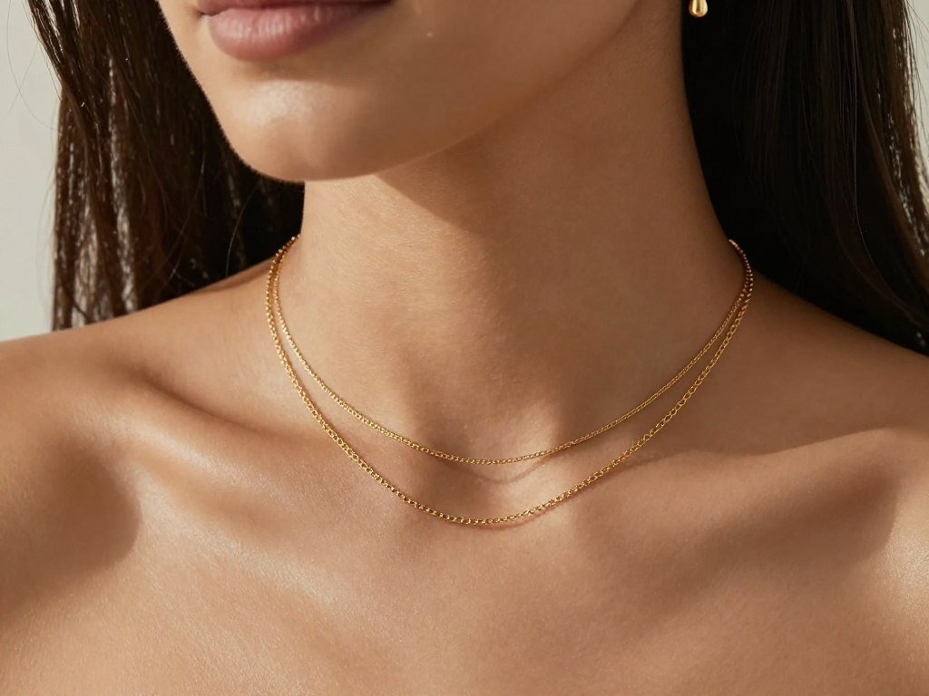 Close-up of woman wearing delicate gold layered necklaces and simple earrings