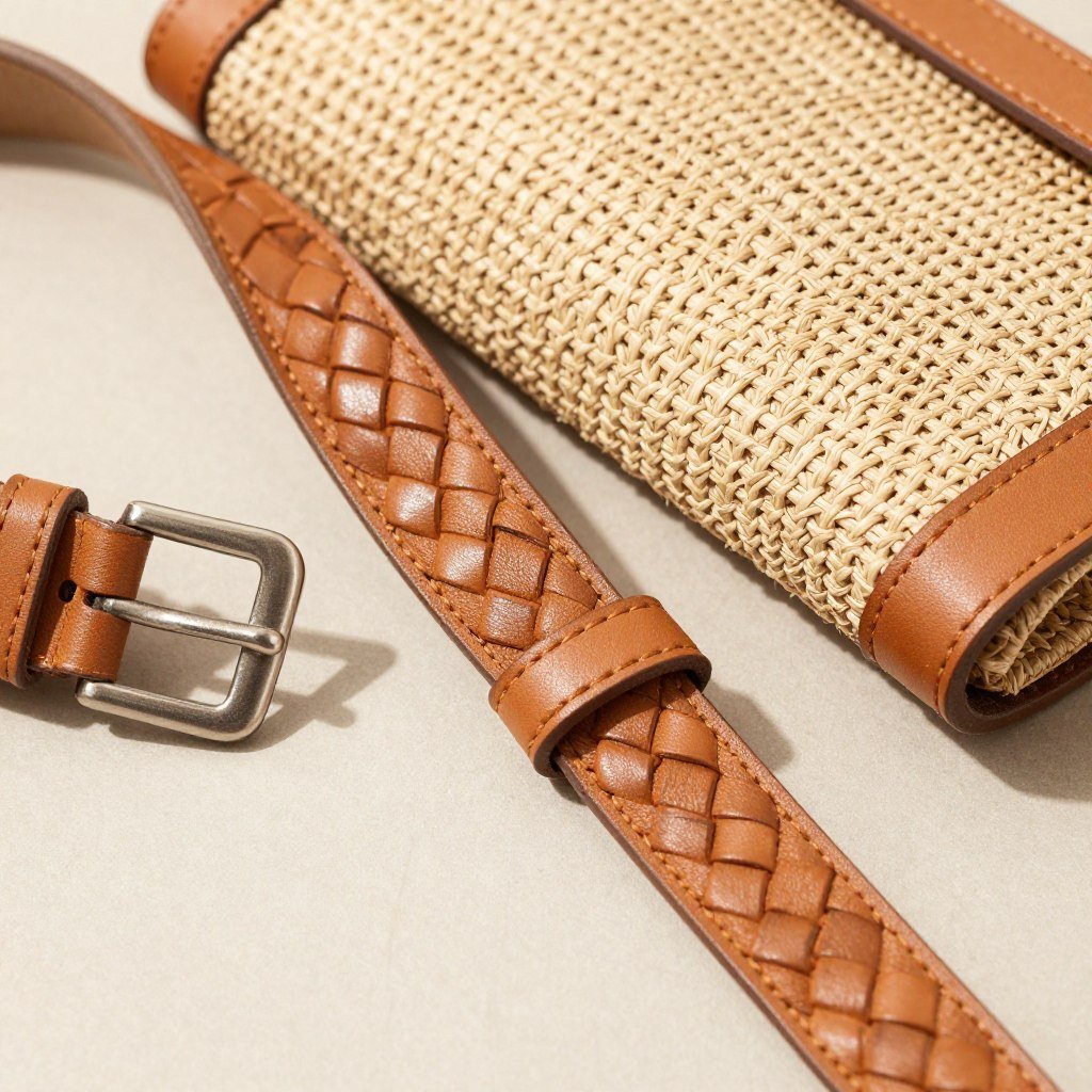 Close-up of woven belt and raffia bag for summer linen pants outfit accessories