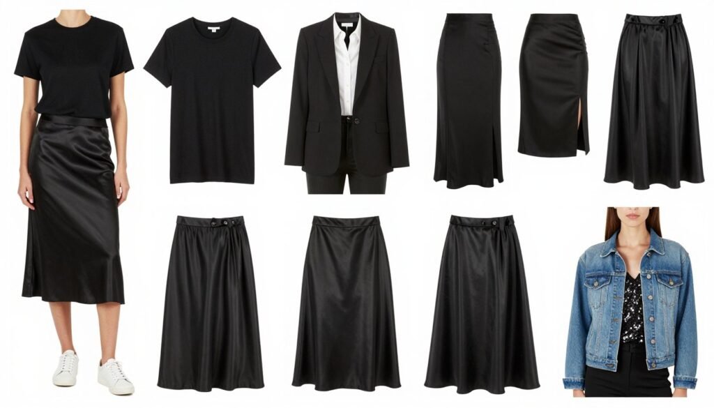 Collage of different black satin skirt outfits showing its versatility from casual to formal occasions