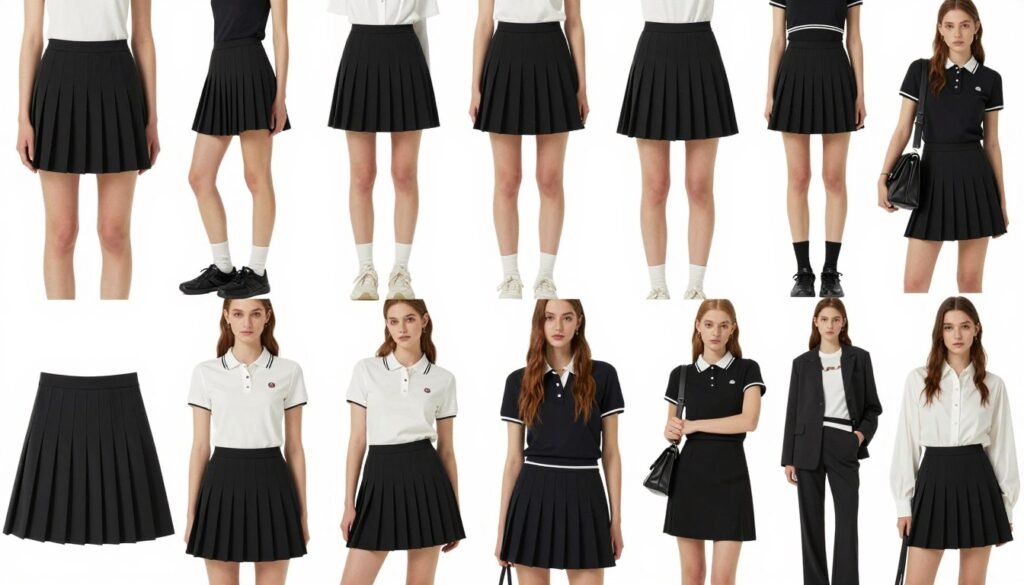 Collage of different black tennis skirt outfits showing the versatility of this wardrobe staple across various styles and occasions