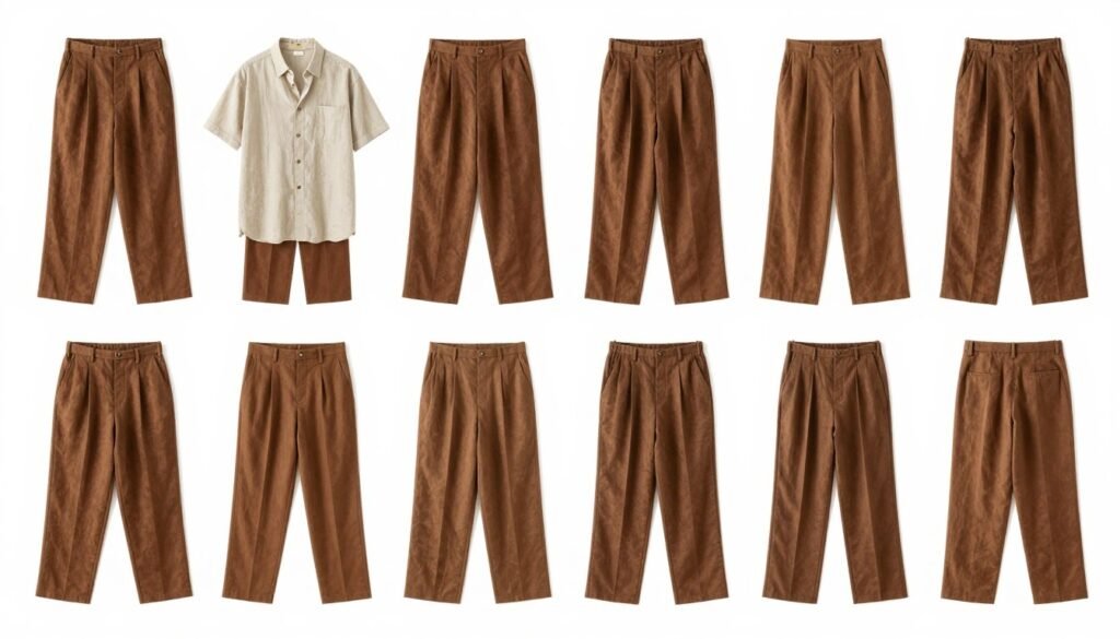 Collage of different brown linen pants outfits for various occasions
