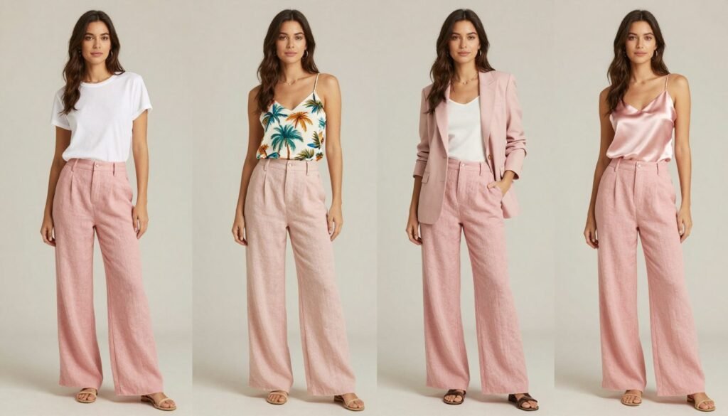 Collage of different pink linen pants outfits for various occasions