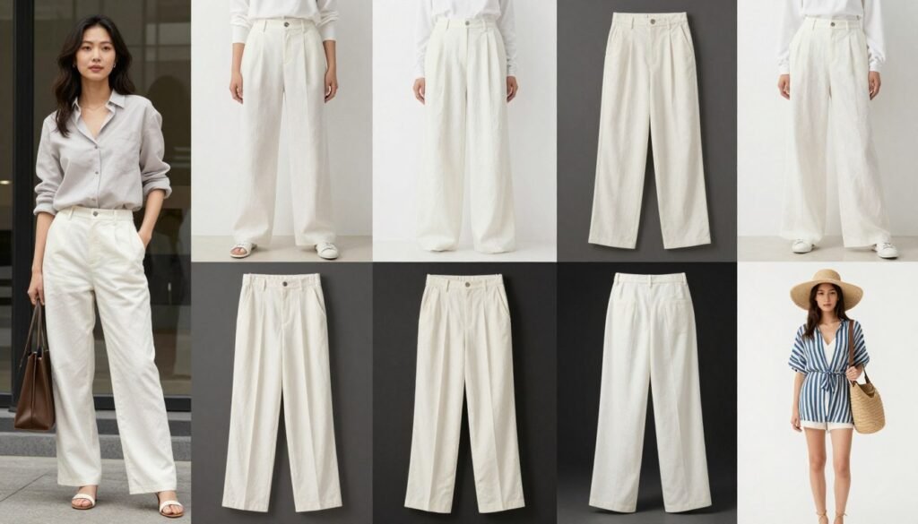 Collage of different white linen pants outfits for various occasions
