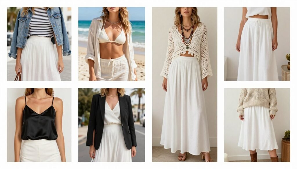 Collage of different white maxi skirt outfits for various occasions and seasons