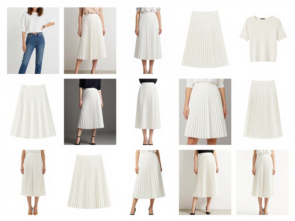 Collage of different white pleated skirt outfits for various occasions