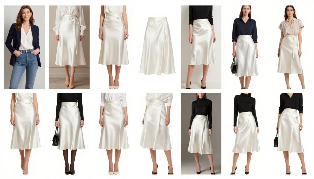 Collage of different white satin skirt outfits for various occasions showing its versatility
