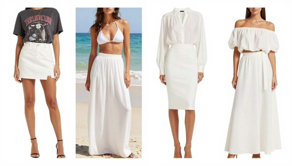 Collage of different white skirt outfit combinations for summer showing the versatility of this wardrobe staple