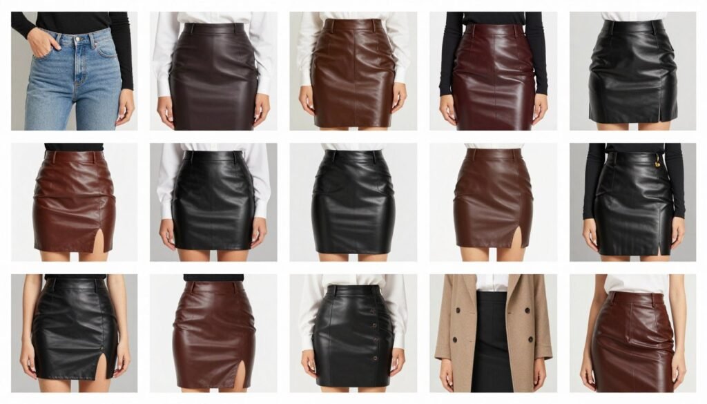 Collage of diverse leather skirt outfits showing the versatility of this wardrobe staple