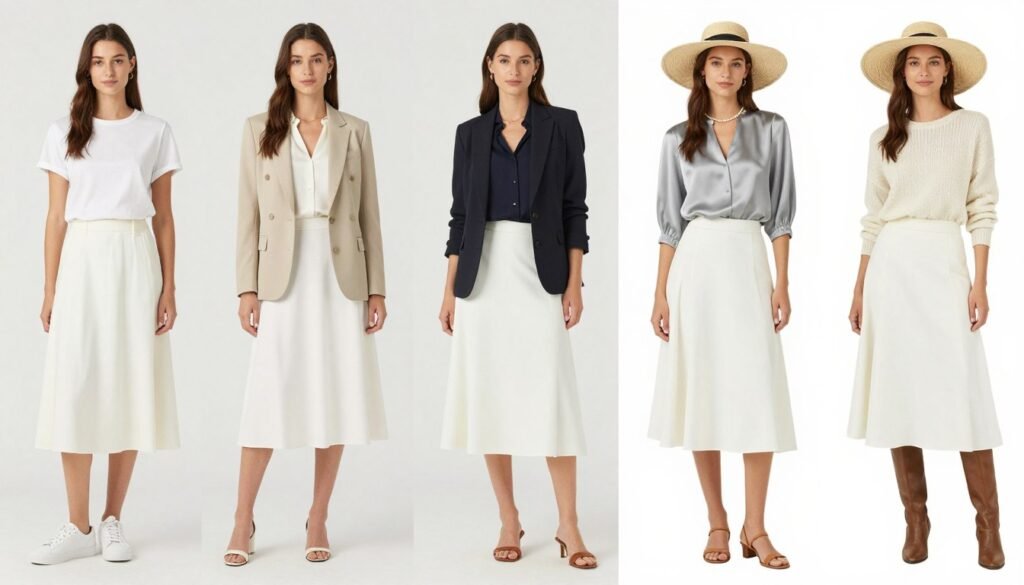 Collage of diverse white midi skirt outfits showing the versatility of this wardrobe staple