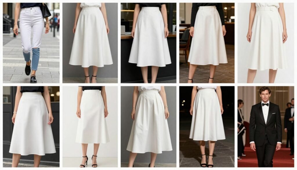 Collage of diverse white skirt outfit ideas for different occasions and seasons