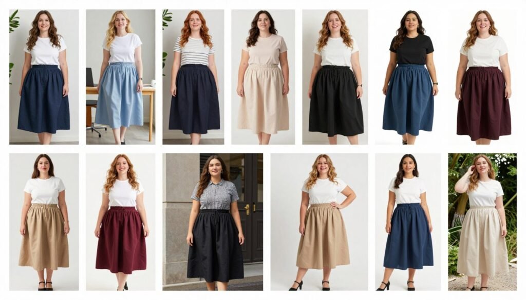 Collage of diverse women confidently wearing bubble skirt outfits in various styles and settings