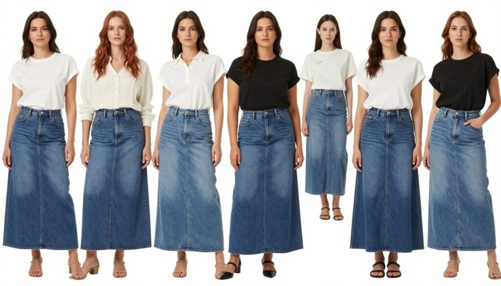 Collage of diverse women wearing denim maxi skirts styled in various ways for different occasions