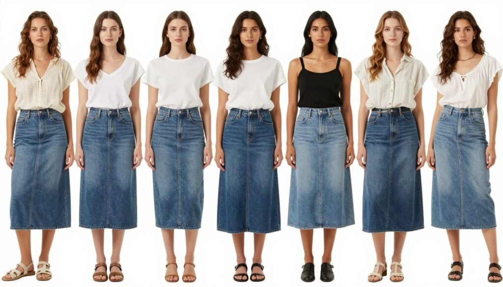 Collage of diverse women wearing various denim skirt outfits styled according to their unique personal aesthetics
