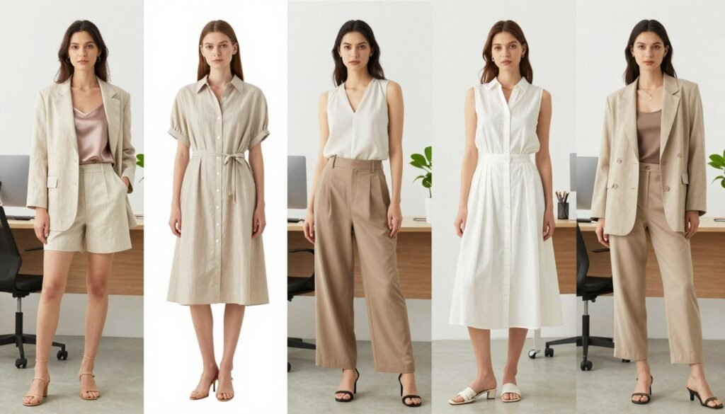 Collage of five different summer work outfit combinations on models in office settings
