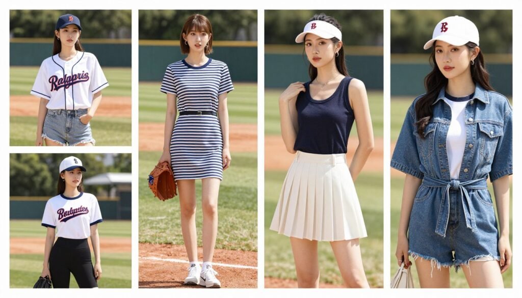 Collage of five women in different baseball game outfits for summer