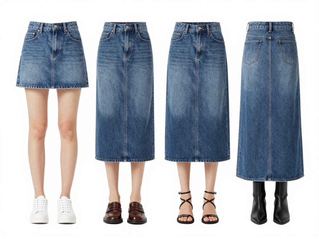 Collage of four different footwear styles paired with various denim skirt lengths