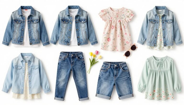 Collage of spring school outfit ideas featuring light colors and layered pieces