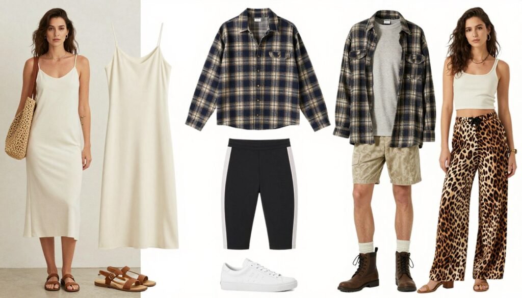 Collage of various 90s summer outfit aesthetics from minimalist to maximalist