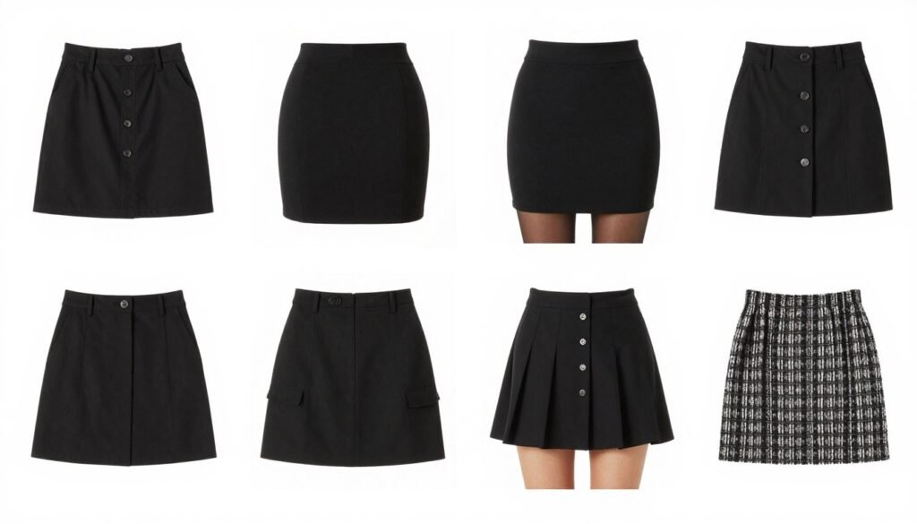 Collage of various black mini skirt outfits for different occasions